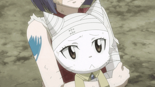 a girl with bandages on her head holds a cat