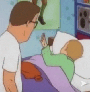 a cartoon of a man standing next to a child laying in bed .