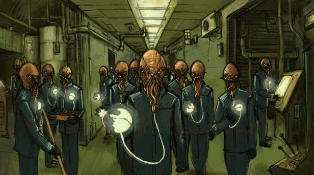 a drawing of a group of aliens with headphones on their heads