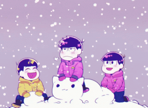 three cartoon characters are playing in the snow with a cat on top of a snowman