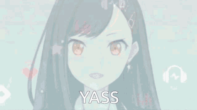 a close up of a girl with long blue hair laughing with the words yass written on the bottom .