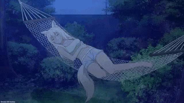a woman is laying in a hammock at night .