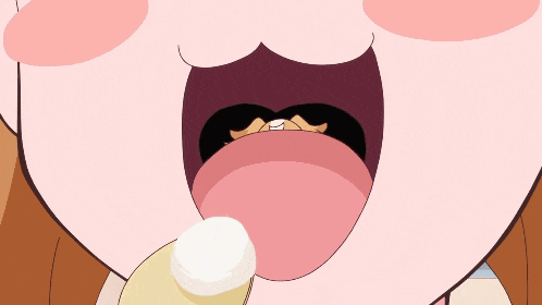 a cartoon drawing of a girl with a spoon in her mouth