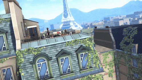 the eiffel tower is visible in the distance behind a building