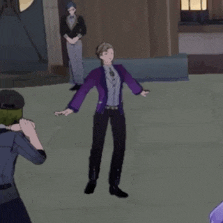 a man in a purple jacket is kicking another man in a black hat .