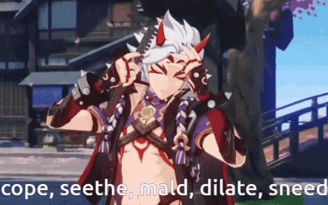 a video game character with the words cope seethe mald dilate sneed written below him