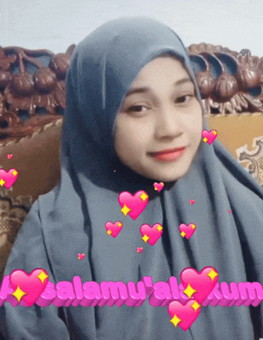 a woman wearing a hijab is surrounded by pink hearts and the words " salamu "