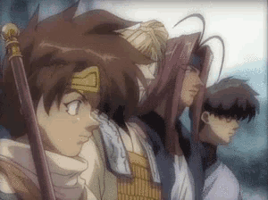 a group of anime characters standing next to each other with one holding a stick