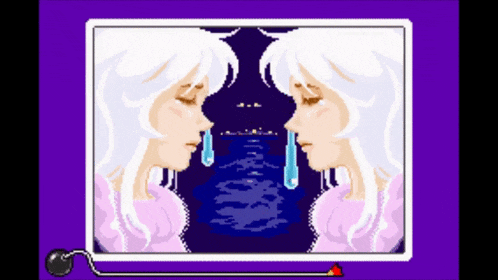 a pixel art of a woman with white hair and tears coming out of her eyes