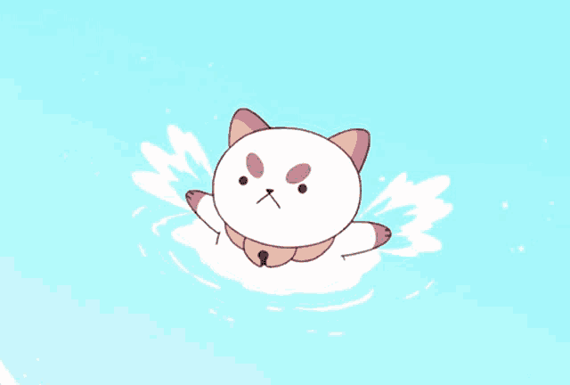 a cartoon cat with a bell around its neck is floating in the water