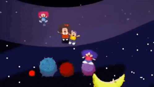 a group of cartoon characters are standing on a planet in space