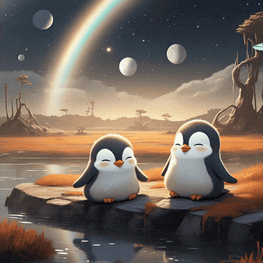two penguins are sitting on a rock near a body of water