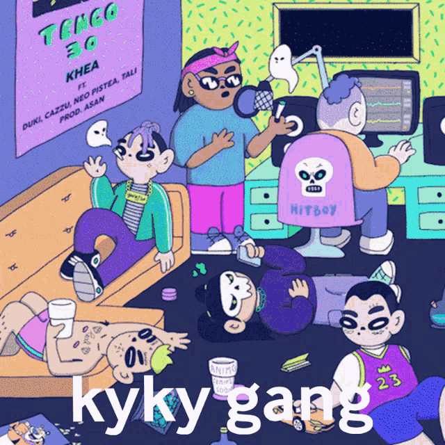 a cartoon of a group of people with the words kyky gang on the bottom