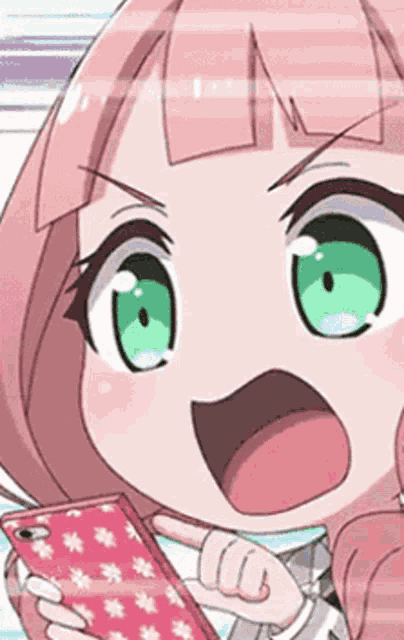 a close up of a cartoon girl holding a cell phone .