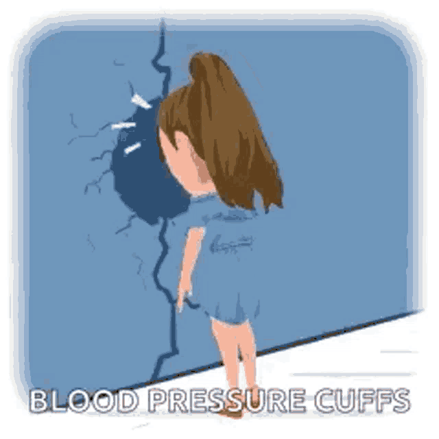 a girl is standing in front of a wall with blood pressure cuffs on her arms .
