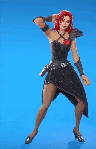 a woman with red hair is wearing a black dress with a rose on her shoulder