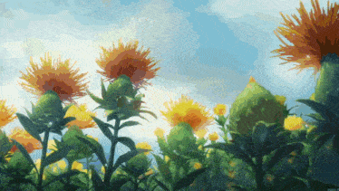 a field of yellow and orange flowers with a blue sky behind them