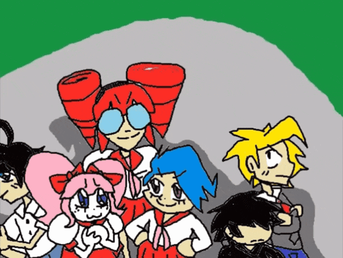 a group of cartoon characters standing next to each other on a sidewalk