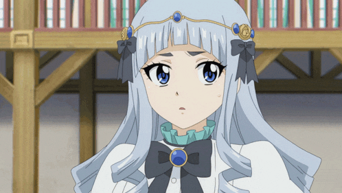 a girl with white hair and blue eyes is wearing a bow tie