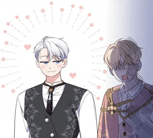 a man with white hair is standing next to another man in a suit