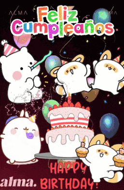 a happy birthday greeting card with a cake and balloons