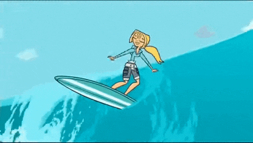 a cartoon of a woman riding a wave on a surfboard in the ocean .