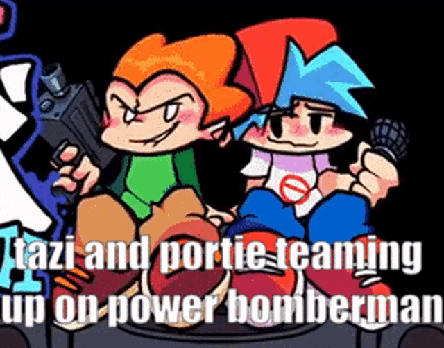 a couple of cartoon characters sitting next to each other with a microphone .