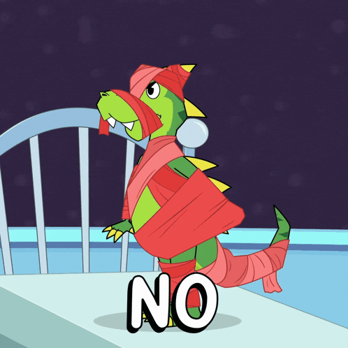 a cartoon of a dinosaur wrapped in bandages with the word no on the bottom