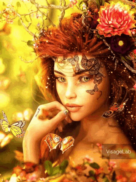 a painting of a woman with flowers and butterflies on her face is titled visagel.lab
