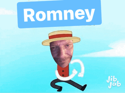 a cartoon of a man wearing a hat with the name romney on a blue background
