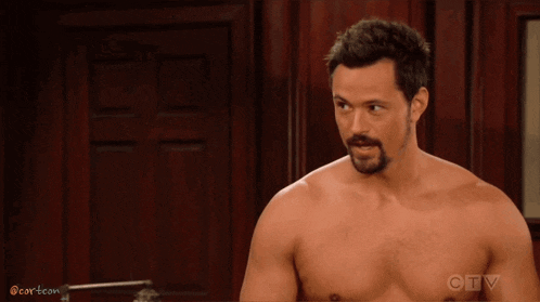 a shirtless man with a beard is standing in front of a wooden door with the letters ctv in the corner
