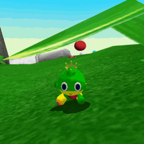 a green frog with a crown on its head is standing in a grassy field