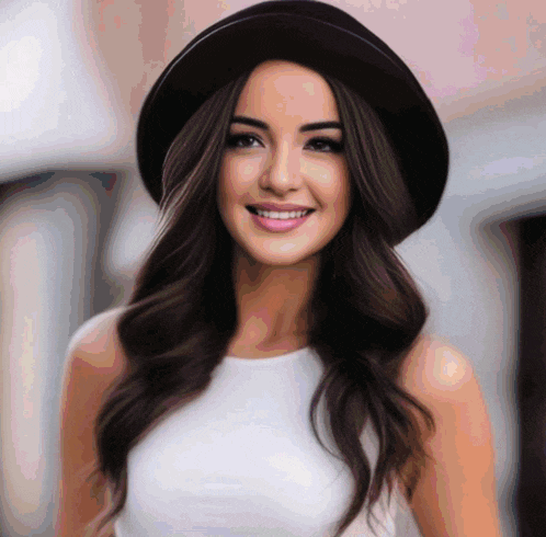 a woman wearing a hat and a white shirt smiles