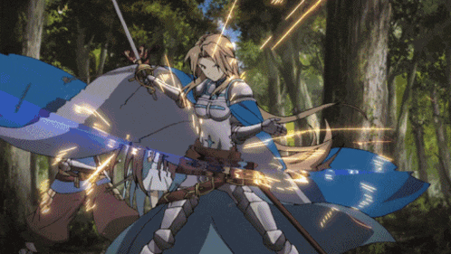 a woman in a blue cape is holding a sword in a forest