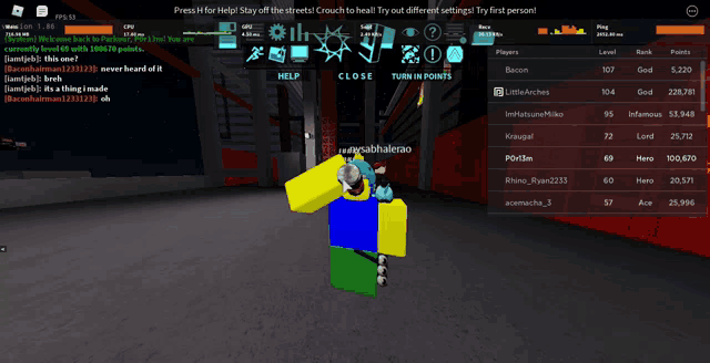 a screenshot of a roblox game shows a person standing in front of a screen that says " press h for help "