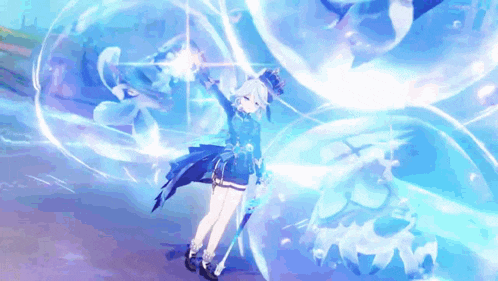 a girl in a blue dress is holding a sword in a video game and is surrounded by blue bubbles .