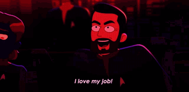 a cartoon character is sitting in front of a computer and saying `` i love my job '' .
