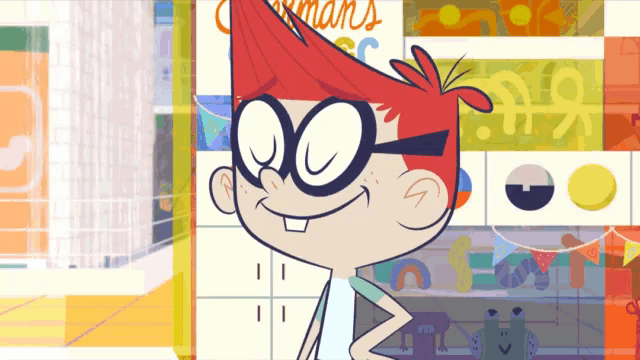 a cartoon character with red hair and glasses stands in front of a sign that says ' captain 's sc ' on it