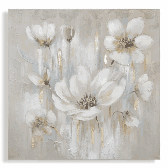 a painting of white and gold flowers on a beige background