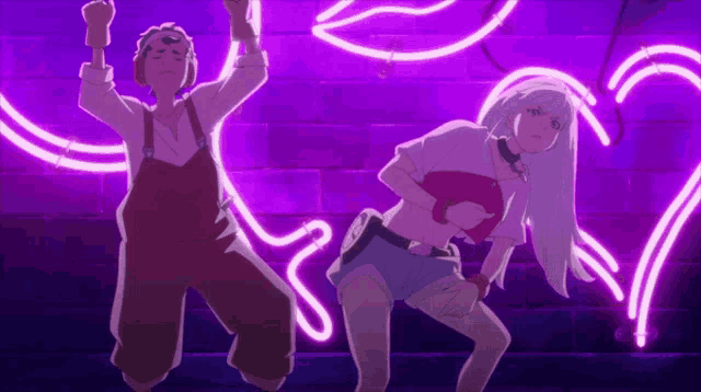 a man and a woman are dancing in front of a purple background