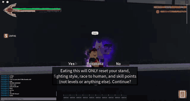 a screenshot of a video game asking if eating this will only reset your stand fighting style race to human and skill points