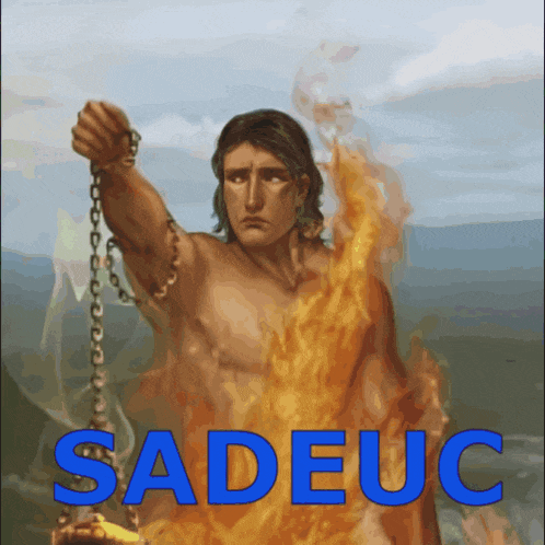 a painting of a man holding a scale with the word sadeuc in blue letters