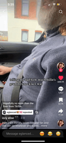 a screenshot of a tiktok video that says telling my dad how much billie 's grammy 's neck lace was