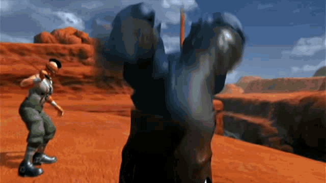 a man and a woman are playing a video game in a desert landscape