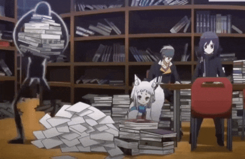 a group of anime characters are standing in a library surrounded by books and papers .