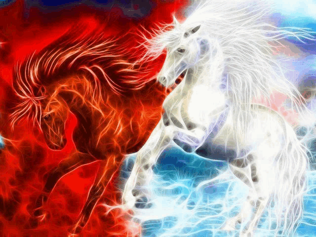 a red horse and a white horse are standing next to each other in the water