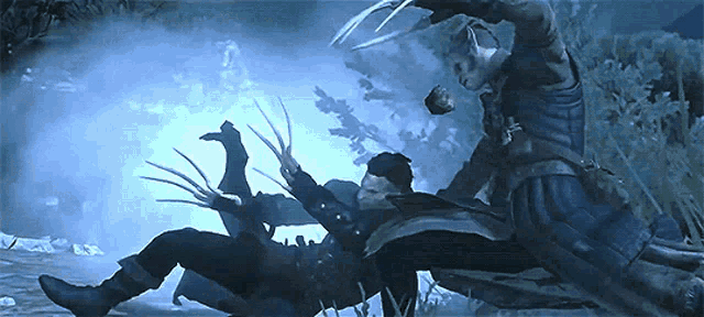 a man is laying on the ground while another man holds a sword in his hand