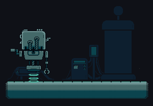 a pixel art drawing of a robot next to a container with a skull on it