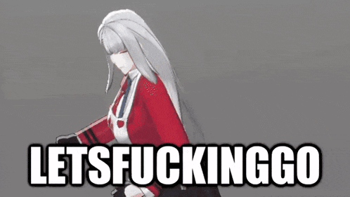 a woman with long white hair is holding a gun and the words `` letsfuckinggo '' are written above her .