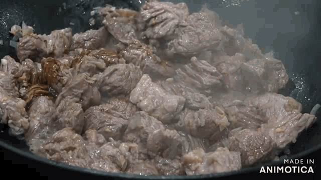 a pan of meat is being cooked with the words made in animotica visible